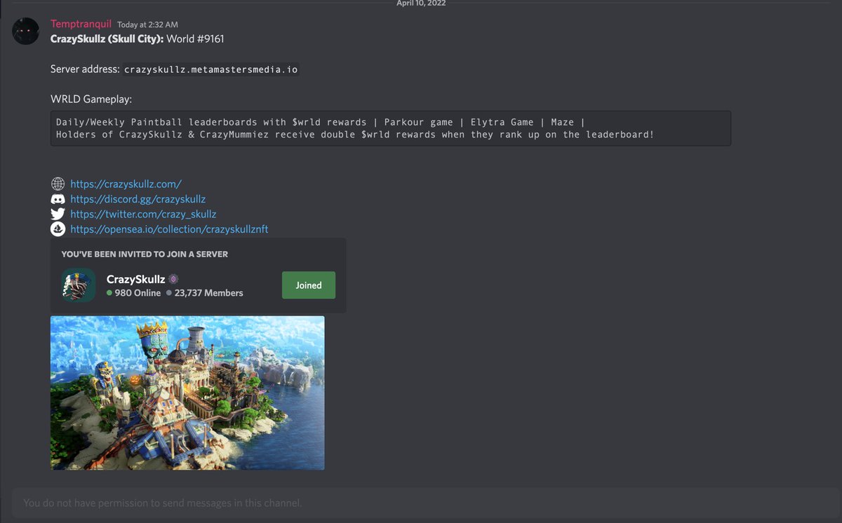 💀CRAZYSKULLZ KYC VERIFIED ON <a href="/nftworldsNFT/">NFT Worlds</a> !

As promised, we took care to the finest details to get our Skull City verified on <a href="/nftworldsNFT/">NFT Worlds</a> !

👉Here is the proof of our verification: docs.google.com/spreadsheets/d…

👉Also, our Skull City is now live on NFT Worlds Play discord server