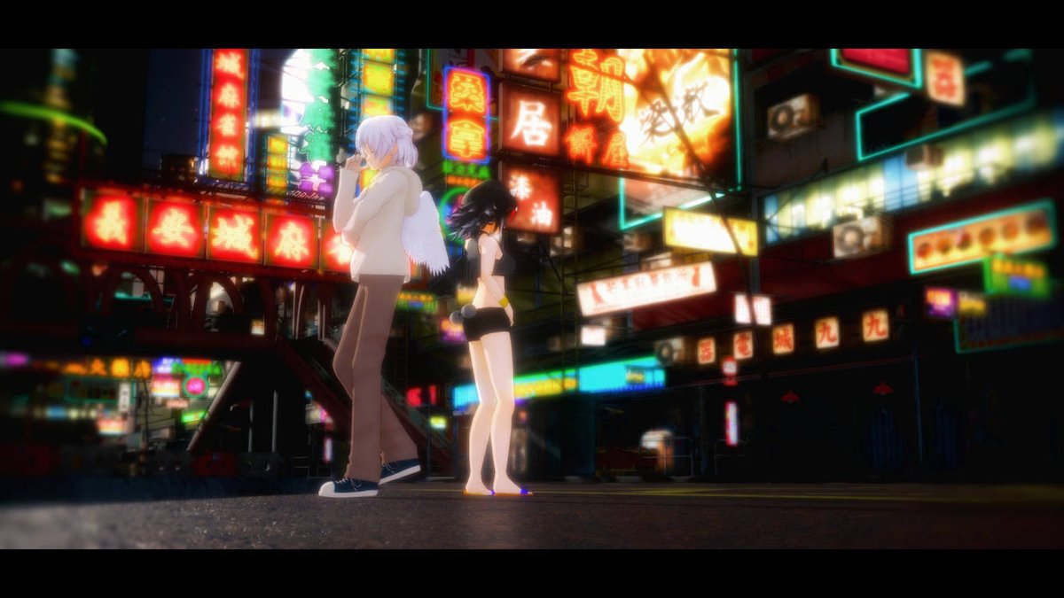 DearmyKairo's tweet photo. #深夜の真剣MMD60分一本勝負
#東方MMD 
#稀神サグメ 
#鬼人正邪 
#お題:ネオンの下の中国の古い都市で,母娘二人はどこへ行くのか?

私の友人「wumin」の作品です https://t.co/Ezy27e9Msg