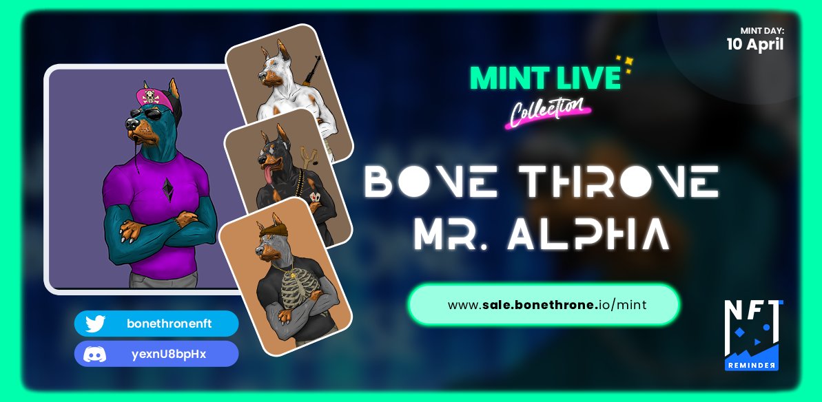 🚨 MINT LIVE COLLECTION 🚨

👑Project Name:    Bone Throne Mr. Alpha
💎Items:         10000 ITEMS
⚡️Mint:           0.1 ETH
✨Discord:     273
⏰Time:          MINT LIVE

🔵Twitter:       <a href="/bonethronenft/">Bone Throne NFT Club</a>
🌐Mint Link:   sale.bonethrone.io/mint

#NFTs #NFTCommunity #NFTProject #NFT