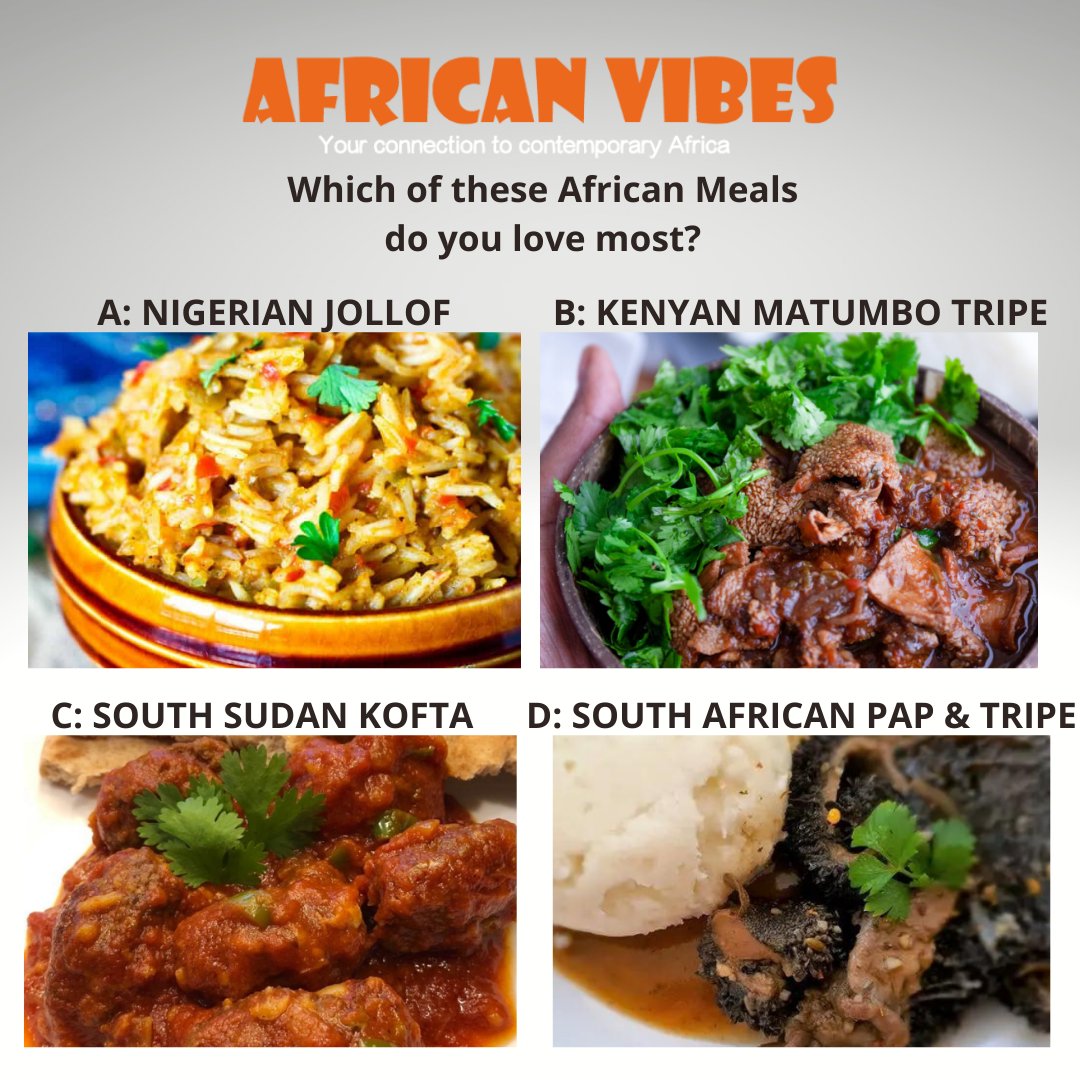 africanvibes's tweet photo. WHICH OF THESE AFRICAN MEALS WILL YOU CHOOSE?🥰
​
​Follow us @africanvibes.com to get delicious recipes
​
​#africanmeals #africanmenu #african #southafricanmeal #kenyanmeal   https://t.co/XuY9wJD8tT https://t.co/f20a1Sr5h8