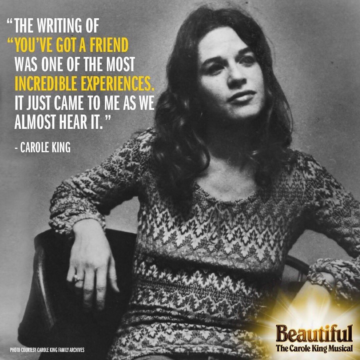 Carole_King's tweet photo. Repost from @beautifulonbway
•
Where were you the first time you heard “You’ve Got a Friend?” #BeautifulOnTour https://t.co/1DhA6ShH26