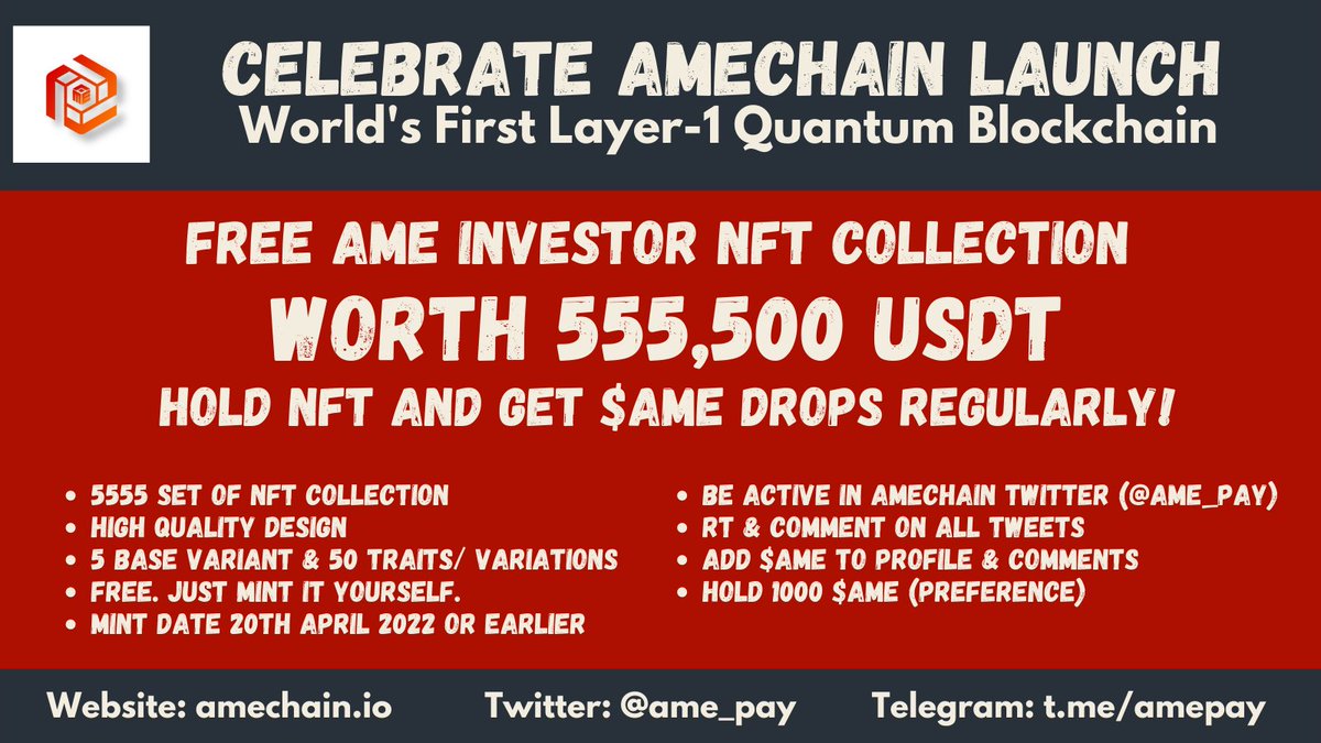 Amechainquantum's tweet photo. 555,500 USDT Worth of #NFTGiveaways! 🥰🥰

Preference to >1000 $AME Holders!

Hold $AME in Exchange or wallet or Staked, no worries, Just fill  the form with Wallet address in which you would like to Mint the NFT.

Hurry! The Slots are getting filled faster than expected!! ⚡️🔥🚀 https://t.co/ufzAmlTqph