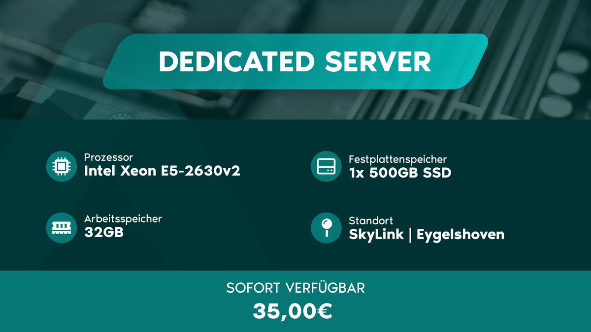 AlveonIo's tweet photo. PrePaid 🚀 Dedicated Server

➤ Prozessor: Intel Xeon E5-2630v2
➤ Arbeitsspeicher: 32GB DDR3 ECC
➤ Festplattenspeicher: 1x 500GB SSD

Jetzt zuschlagen für nur 35€

➥ https://t.co/RNOmuEdbNh https://t.co/bWsFQXperk