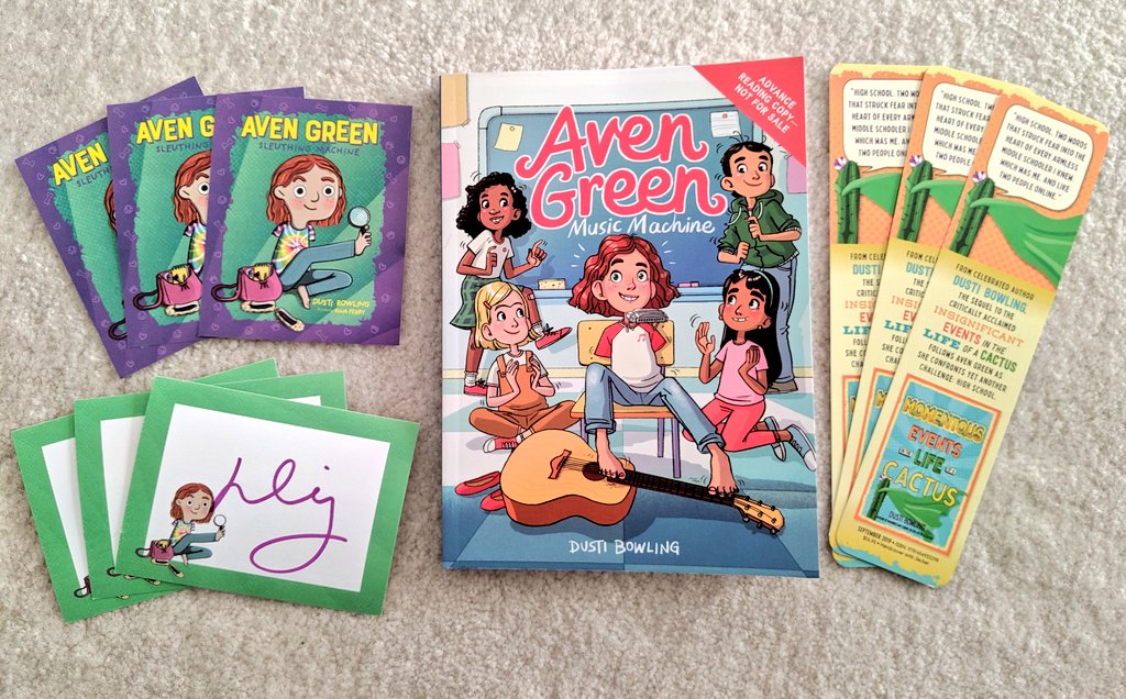 Hi friends! I'm giving away an ARC of the upcoming AVEN GREEN MUSIC MACHINE, along with these other goodies! Please F/RT to enter. Winner announced on 4/14. Thanks, everyone 💙🎶💜🎸💗🎹