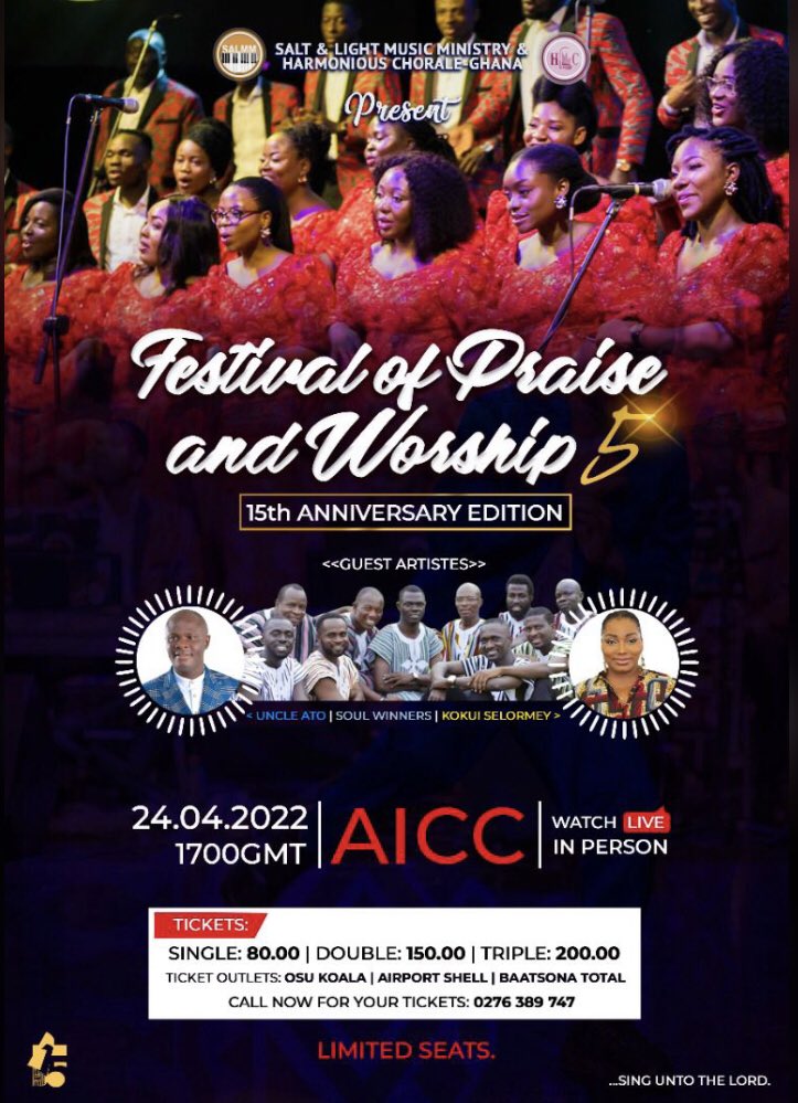 RichFamous13's tweet photo. It’s Festival of Praise and Worship #FOPAW. Anniversary Edition @HC_Ghana
Count down: 2 Weeks to go 🙌🙌
#FOPAW5
#SALMM
#HarmoniousChorale
#SingUntoTheLord
#FifteenthAnniversary
#FifteenToFifteen https://t.co/1JeT6kJFQl