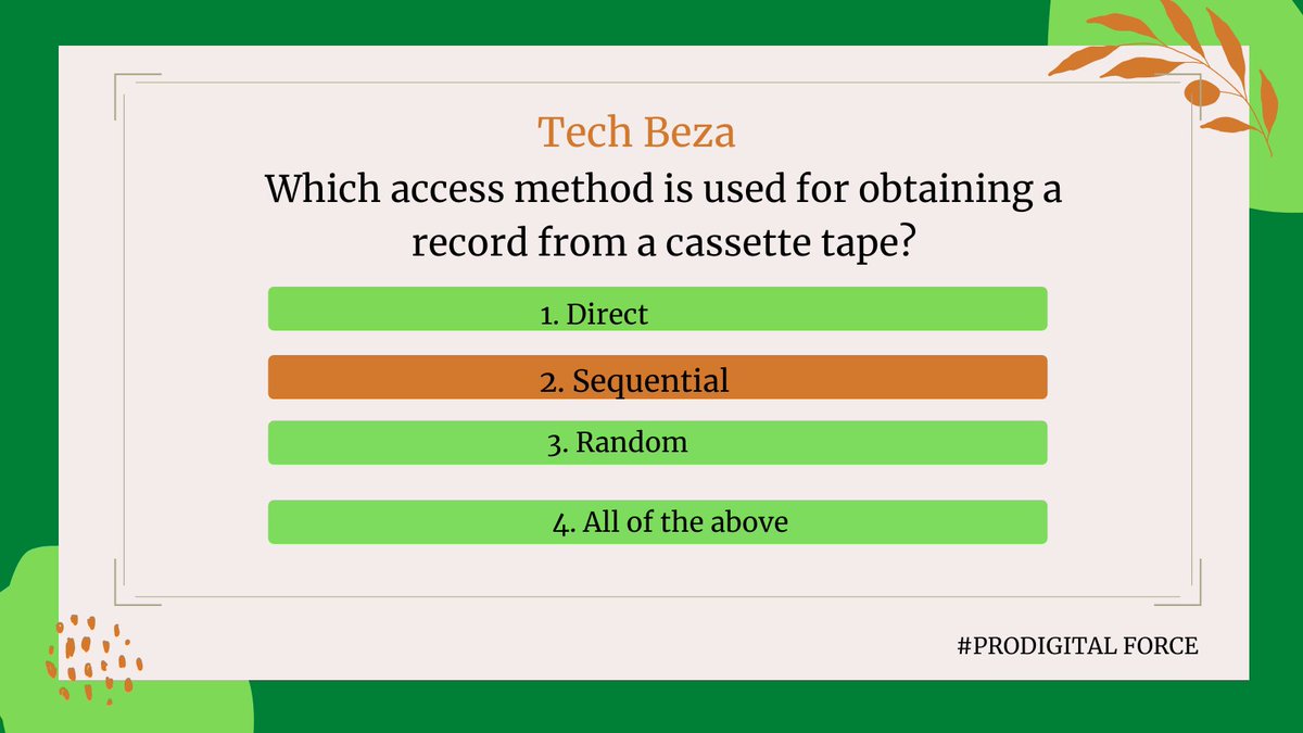 prodigitalforce's tweet photo. Which access method is used for obtaining a record from a cassette tape?///
#ProDigitalForce
#DigitalMarketing
#WebDesign https://t.co/G9KOV4nxMZ