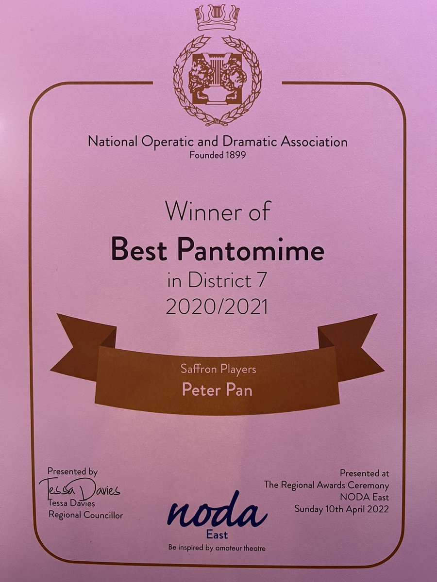 We did it - third win in a row! Peter Pan won the Best Pantomime for 2020/21 in District 7 at the NODA East Awards Gala. Well done to all the team! 🎭