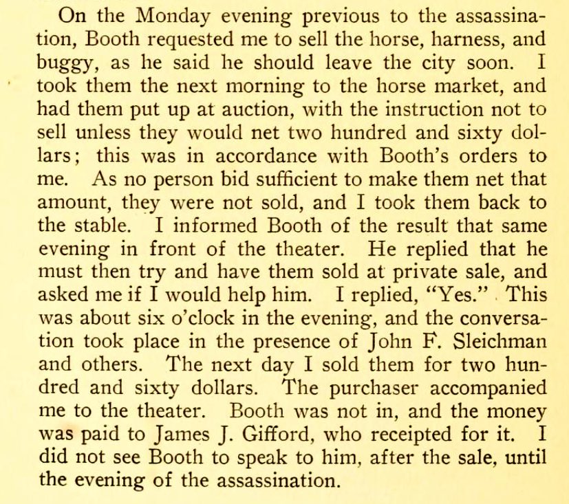 LinConspirators's tweet photo. #OTD Apr. 10, 1865: #JohnWilkesBooth asked #EdmanSpangler for help in selling the horse &amp; buggy he kept in his stables behind @fordstheatre. These had been intended for JWB’s now abandoned kidnapping plot. It would take a few days, but Spangler eventually sold them for $260. https://t.co/fYwQbtasVy