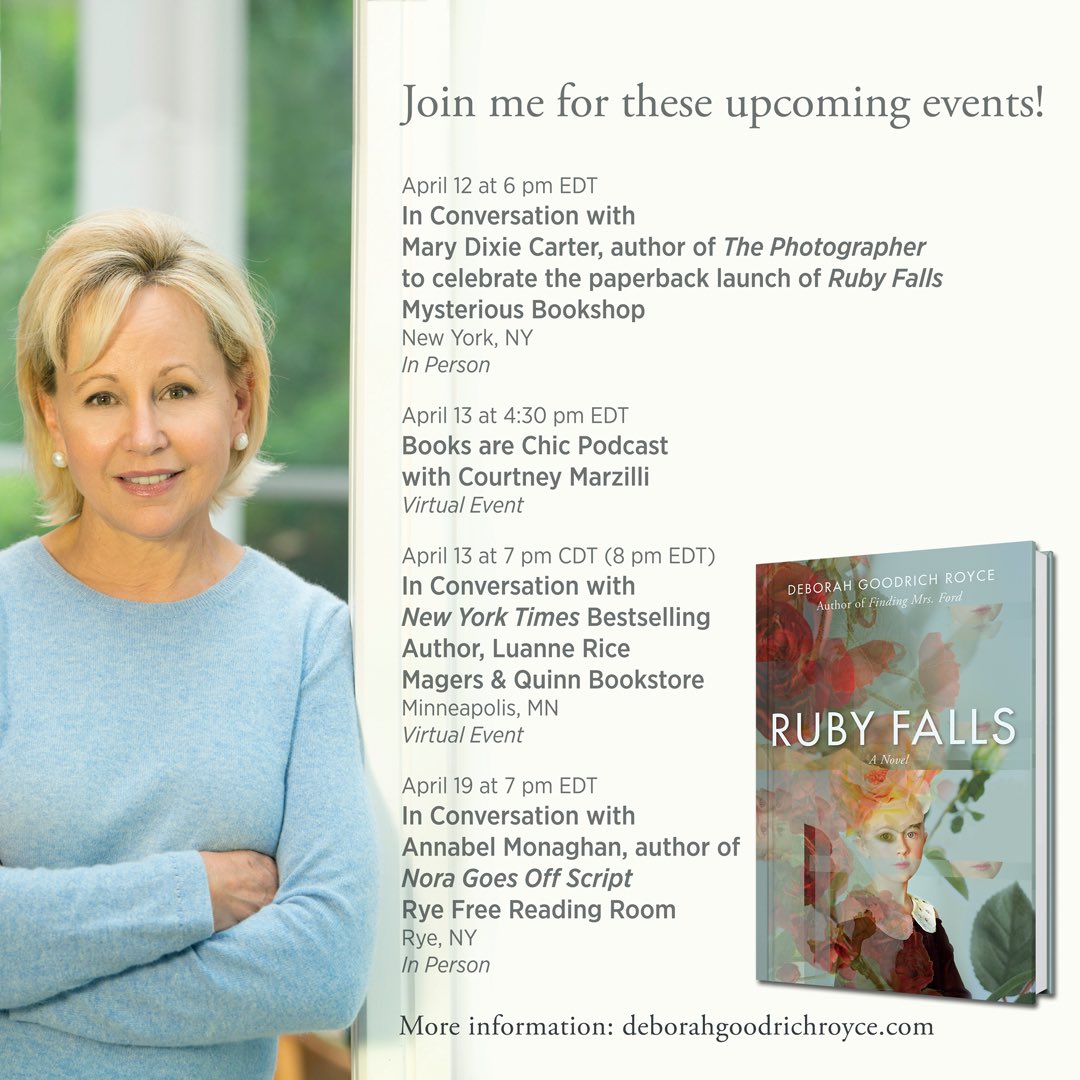 royce_deborah's tweet photo. Join me in the coming weeks as I travel literally/virtually-to talk about my new paperback of Ruby Falls. And can’t wait for the conversations w/amazing fellow authors: @marydixiecarter, @luannerice &amp; @annabelmonaghan! @booksarechic #podcast is great fun too! #rubyfalls #booktour https://t.co/WJ1TWSjQgf
