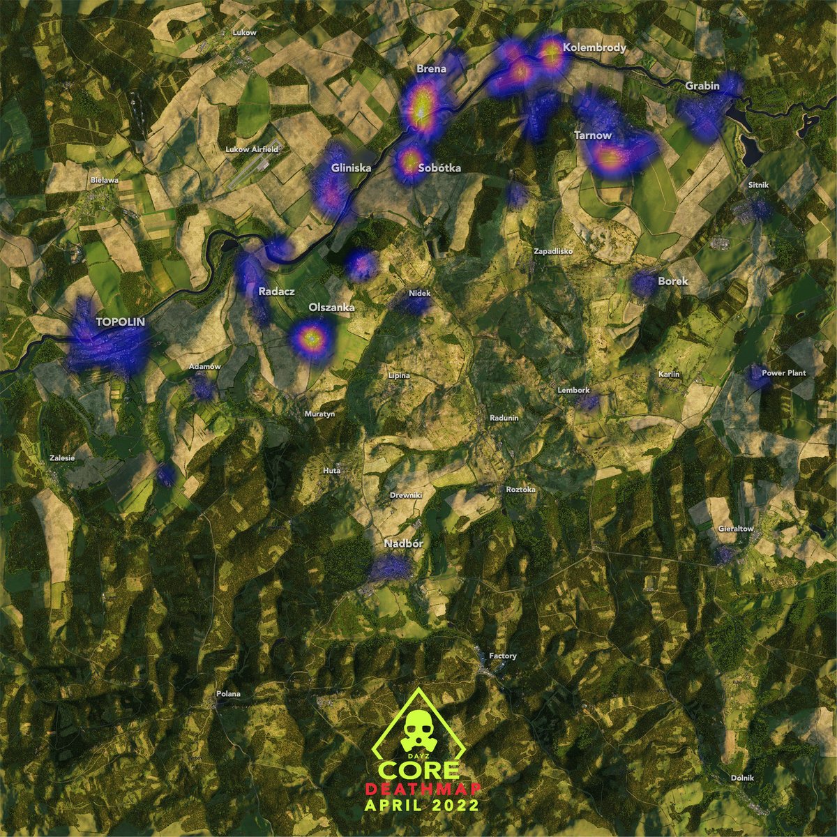 dayzcoregg's tweet photo. Uh oh.. it’s been a dangerous April so far on #DayzCore. Better watch out if you take your dog out for a stroll along the river in #Livonia… Do you have what it takes? Check us out at https://t.co/4u8HFjeYLM #dayz @dayz / DeathMap code by @adamfrancu https://t.co/9fXbunHIEM