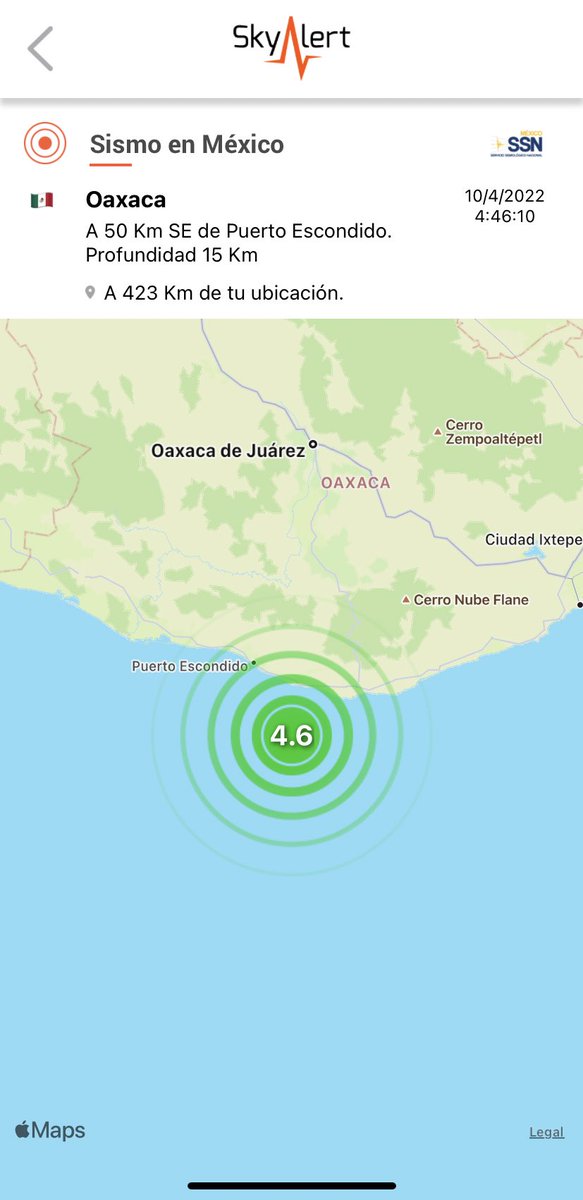 SkyAlertMx's tweet photo. Durante la madrugada, a las 04:46 h, se registró sismo de magnitud 4.6 ubicado a 50 km al sureste de Puerto Escondido, Oaxaca.

Detectado por @REDSkyAlert con intensidad «débil» en zona del epicentro. https://t.co/vHSvwk9DUr