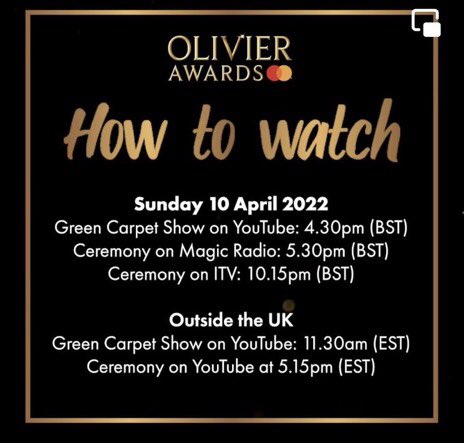 CollabroBuzz's tweet photo. Olivier carpet show plus awards show follow the links: 
https://t.co/2nw3hdu4L7 
to see the pre show green carpet arrivals.
And….
https://t.co/IA2SNq5qv2
to see the Olivier Awards Show on YouTube. https://t.co/Qosf3DL4dC