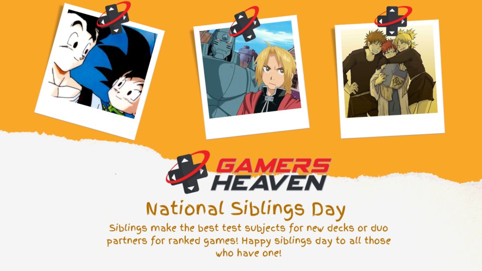GamersHeavenFam's tweet photo. Siblings make the best test subjects for new decks or duo partners for ranked games! Happy siblings day to all those who have one! #siblings #gamersheaven #bestfriendo https://t.co/l9BKOEUNlF