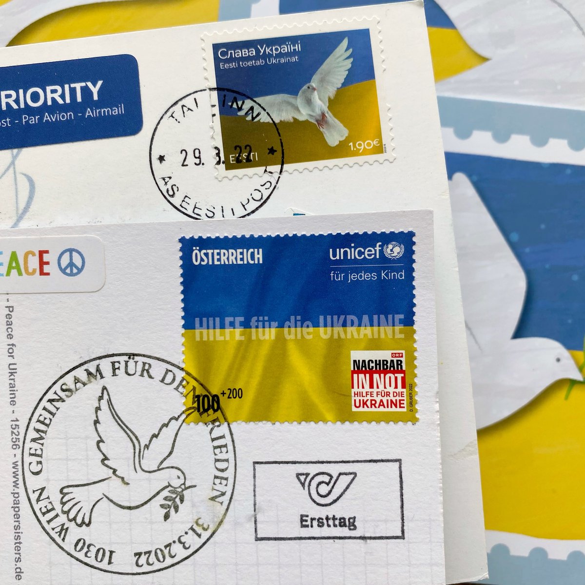 papersisters's tweet photo. Look at these stamps in our inbox last week from Estonia and Austria🕊️🇺🇦 sent from kind people we met via #postcrossing ! We keep selling our Charity for Ukraine postcards with 100% of the proceeds going to @UNICEFgermany https://t.co/urj29kUVW3 https://t.co/jqtbM046Yo