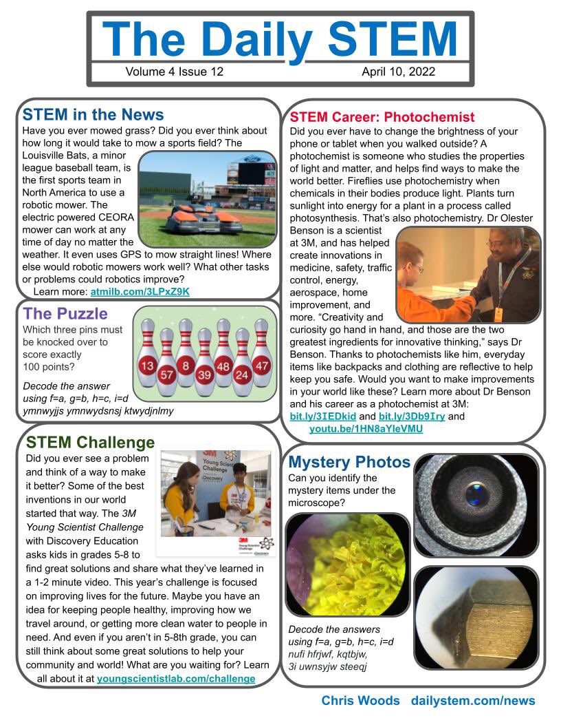 This week’s issue of The Daily #STEM is ready for your kids!
🤖 Robotic mowers
📱 Photochemistry careers
 🧬A #YoungScientistChallenge
🧩 Puzzles &amp; more!
Download every issue free at dailystem.com/news