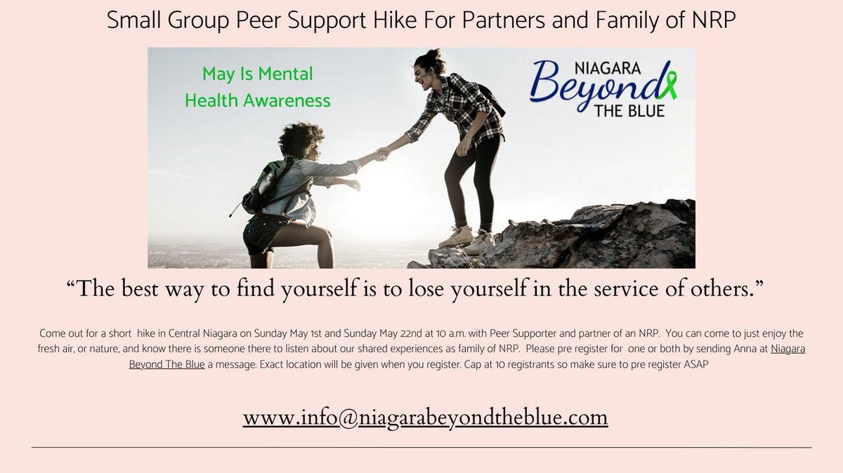 Open to NRP Family Members - Pre Register info@niagarabeyondtheblue.com small group Peer Support Hike May 1st and May 22nd cap at 10 participants. #peersupport #maymentalhealth #NRPfamilies
niagarabeyondtheblue.com