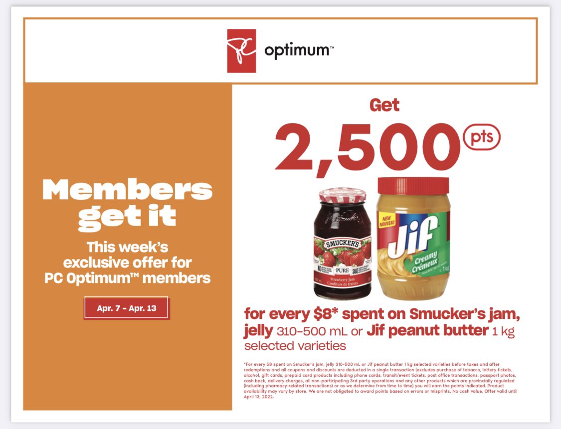 Two best friends come together… PB & J! Get 2,500 PC Optimum points for every $8 spent on Smucker’s Jam or Jelly or Jif peanut butter selected varieties and sizes. 
#pbandj #jam #jelly #peanutbutter #points https://t.co/mA4YWhw62h