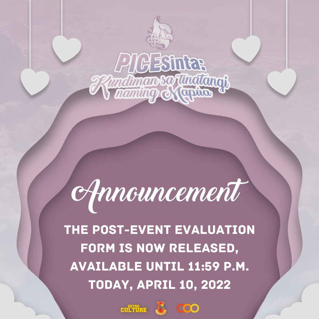 pice_musc's tweet photo. To the participants of our online concert, see the link below for the Post-Event Evaluation Form, available until TODAY, April 10, 2022 (Sun) at 11:59 PM.
📝https://t.co/p2R3Gkzclr
🔗https://t.co/IPXIuWTund
#OnePICE
#PagsintaSaMapua
#COOinAction
#AbanteUSG https://t.co/dCOrHEO4so