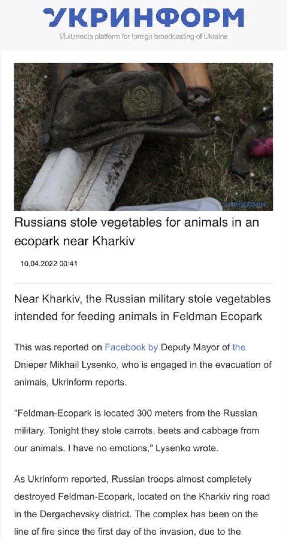 DecodingTrolls's tweet image. By contrast: Russian military stole vegetables intended for feeding animals in Feldman Ecopark. &quot;Tonight they stole carrots, beets and cabbage from our animals. I have no emotions,&quot; deputy mayor Lysenko wrote. 18 cats were taken to Dnipro. Bears will be welcomed in Sinevir.