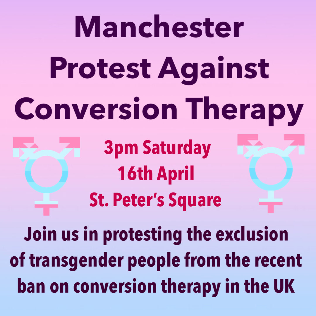manc_up's tweet photo. Manchester protest against conversion therapy
3pm Saturday
16th April
St Peters Square
Join us in protesting the exclusion of trans people from the recently proposed ban on conversion therapy in the UK! https://t.co/OjHE73kTLw
