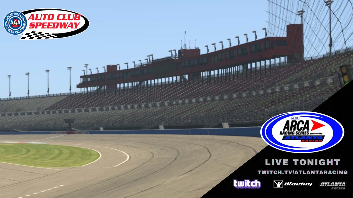 Atlanta_Racing's tweet photo. Racing LIVE Tonight: the @aerracing ARCA Series Presented by AtlantaRacing goes West Coast at Auto Club Speedway! Always an interesting race here!! Come catch the action and hang out at 8PM EST, only on Twitch:
#iRacing #NASCAR #AtlantaRacing #AutoClub
https://t.co/S0wOAJjIxL https://t.co/kWwUHEgil2