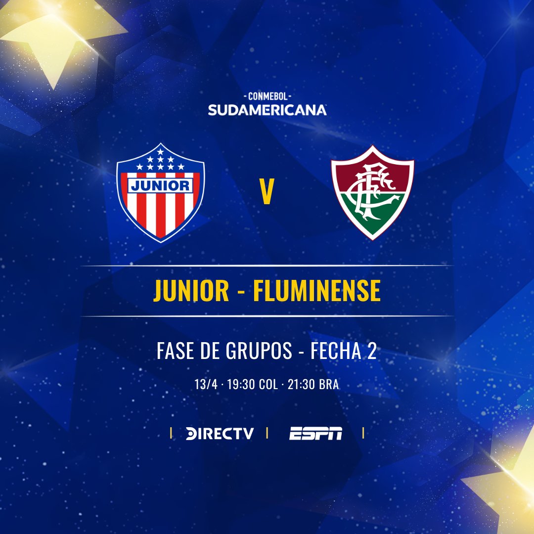 Sudamericana's tweet photo. 🇨🇴⚽🇧🇷 ¡Promesa de partidazo en Barranquilla: @JuniorClubSA 🆚 @FluminenseFC!

🔜 Juegan esta noche por el Grupo H de la CONMEBOL #Sudamericana.      

#LaGranConquista https://t.co/K1jBHDTMoM