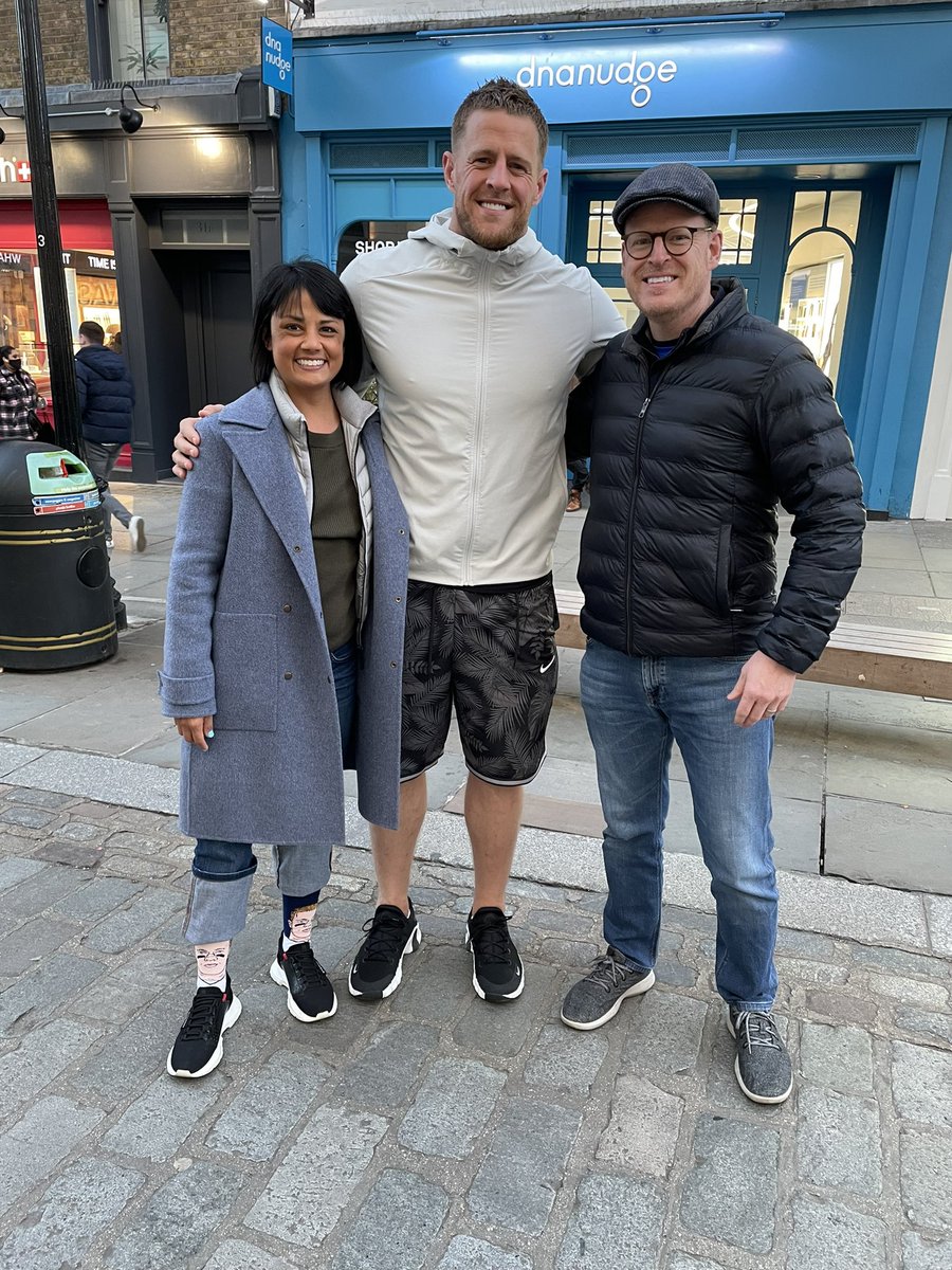 j_mcmorrow's tweet photo. @JJWatt @JJWatt - as Houstonians living in Europe, it was great to run into you and @KealiaOhai. And glad you liked Priya’s socks 😉 https://t.co/bkXOPEgpy7