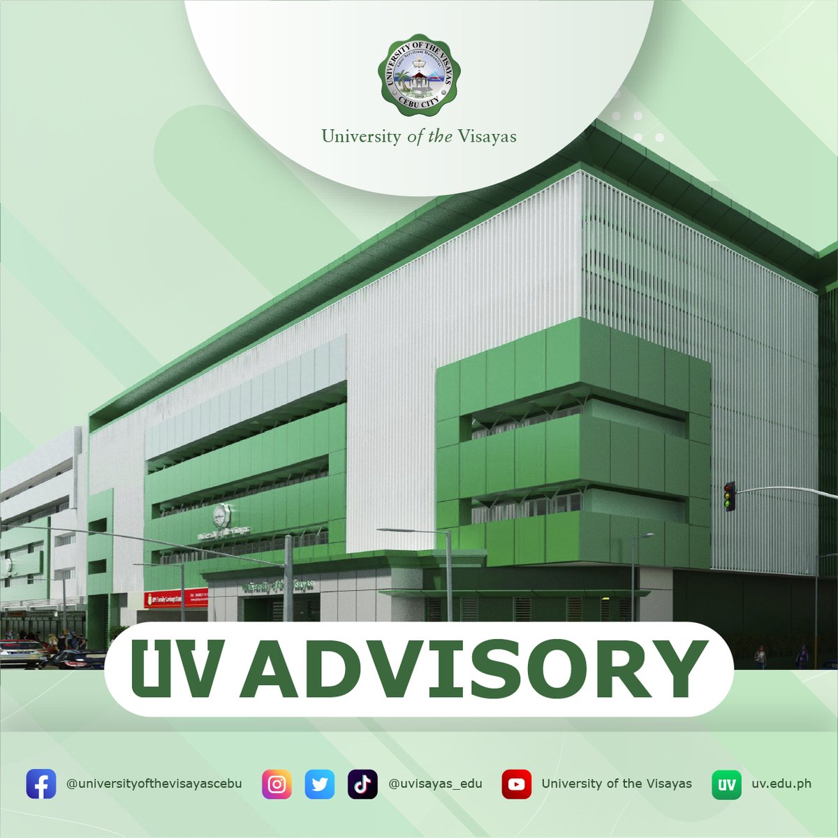 #UVAdvisory

In anticipation to #AgathonPH, classes in all forms and office operations in all campuses are suspended tomorrow as per directives from Cebu's city and provincial government units.

Keep posted for further advisories. Stay safe and secured.

💚 UV