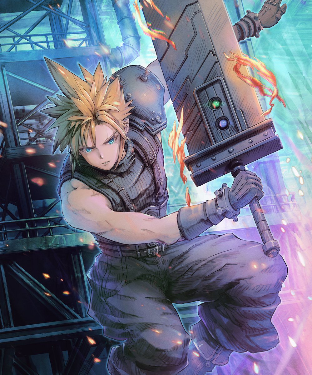 cloud strife 1boy weapon blonde hair buster sword male focus sword gloves  illustration images