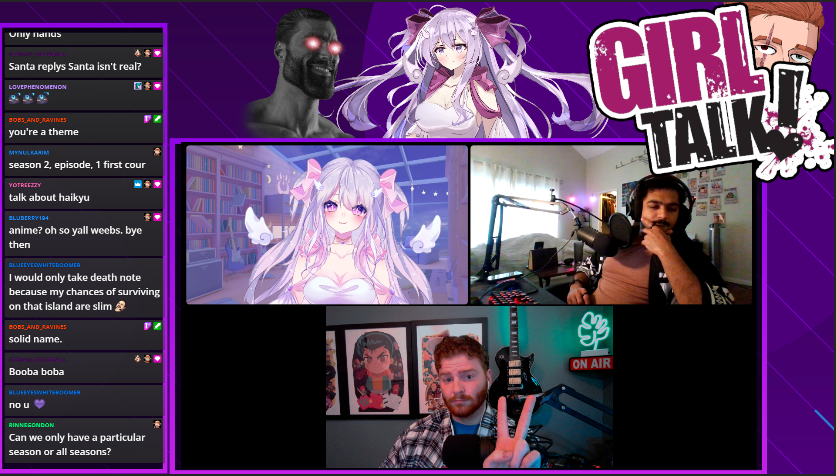 GTPodLive's tweet photo. 🔴 THE GIRL TALK PODCAST IS LIVE 🔴

We're bringing the spice today; tell us your anime takes, and @KizuiVT, @TylerDoeLive, and @sidds457  will ROAST you for all you're worth 😈

https://t.co/MTfwpCONr7 https://t.co/3aS06W17jM