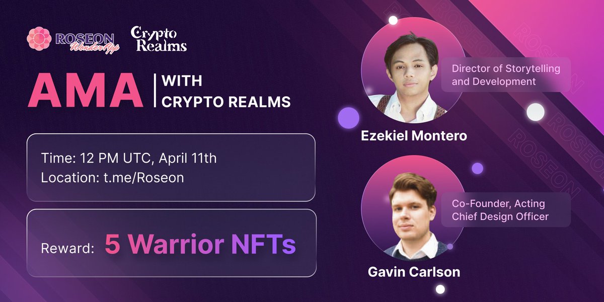 RoseonExchange's tweet photo. 📢🚨AMA ANNOUNCEMENT

📅: Apr 11, 1PM UTC
📍: https://t.co/o6Og2zYDh3

Participate to win 5 Warrior NFTs
✔️Join https://t.co/o6Og2zYDh3
✔️Follow @RoseonWorld
✔️Join our Discord
✔️Join https://t.co/gKLYyysSvV
✔️Follow @cryptorealmswar
✔️Drop questions 👇 https://t.co/jOjOc8fsGe