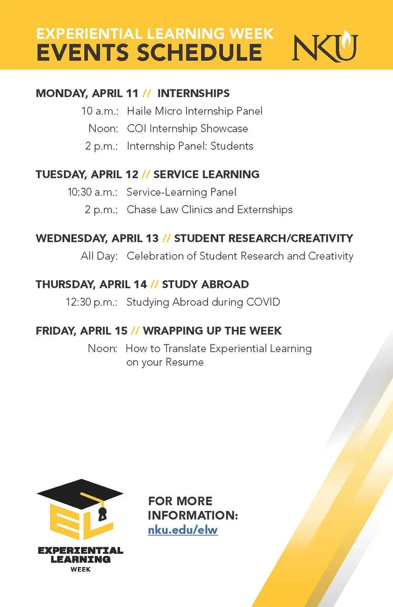 Please join us this week for Experiential Learning Week - register today to get information on links/rooms and reminder emails.
<a href="/NKUChaseLaw/">Chase College of Law</a> <a href="/nkucoe/">NKU College of Education</a> @nkucob <a href="/nku_informatics/">NKU Informatics</a> <a href="/NKUArtSci/">NKU Arts Sciences</a> <a href="/nku_honors/">NKU Honors</a> <a href="/NKUHealthProfs/">NKU CHP</a> <a href="/nku_sga/">NKU SGA</a> 

buff.ly/3m5ciXL