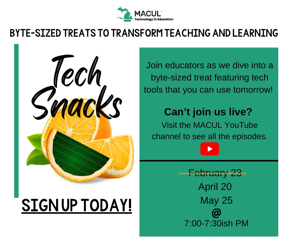 MACUL's tweet photo. 🚨 NEW TECH SNACKS NEXT WEEK! 🚨
Are you looking for some byte-sized treats to transform teaching and learning? Look no further with Tech Snacks! Register today! https://t.co/G8YdBouhhN #edtech #miched #techsnacks https://t.co/yhmF69ylxL