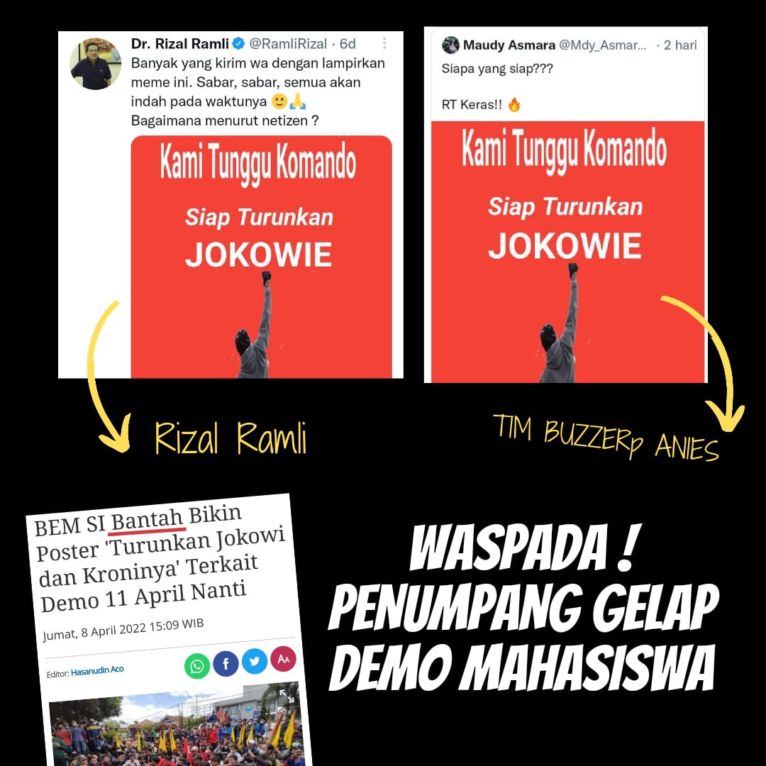 Penumpang gelap selalu hadir di setiap demo mahasiswa..

Paling juga kalau rusuh bayar anarko..

Selalu gagal karena rakyat masih bersama Jokowi..

#SayaBersamaJokowi