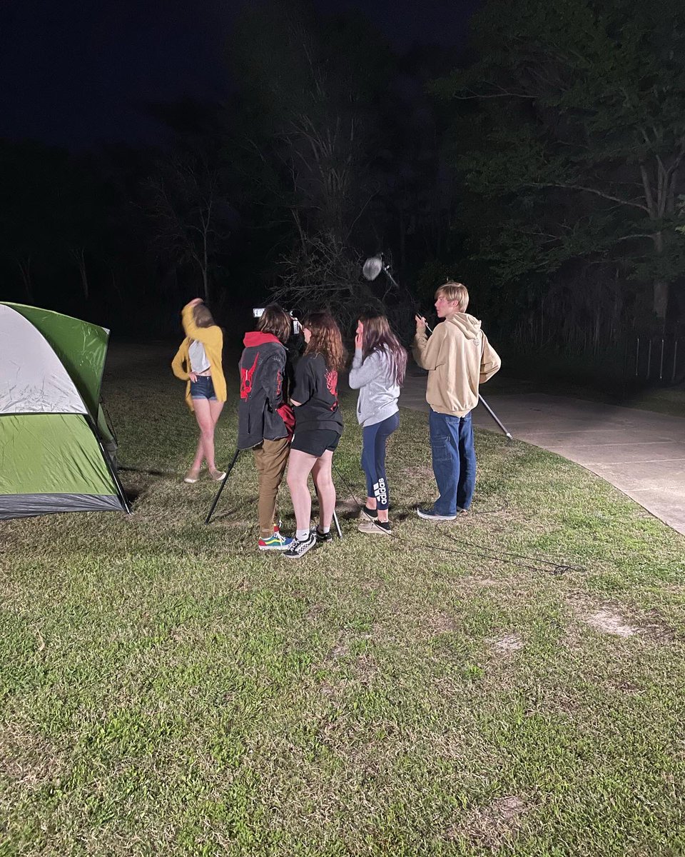 cpsbtv's tweet photo. That’s dedication! 
TVP students Chole Amburgey and Hailie Rayborn from Sulphur High are working overtime to shoot their night scenes for their short film “Camper in the Woods.” This group is competing in the Louisiana Film Prize, Jr. competition. https://t.co/s0jGOk1wUt