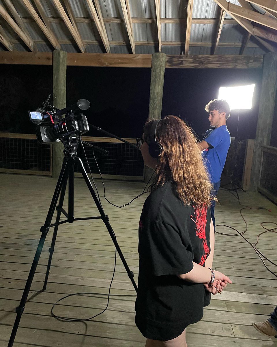cpsbtv's tweet photo. That’s dedication! 
TVP students Chole Amburgey and Hailie Rayborn from Sulphur High are working overtime to shoot their night scenes for their short film “Camper in the Woods.” This group is competing in the Louisiana Film Prize, Jr. competition. https://t.co/s0jGOk1wUt