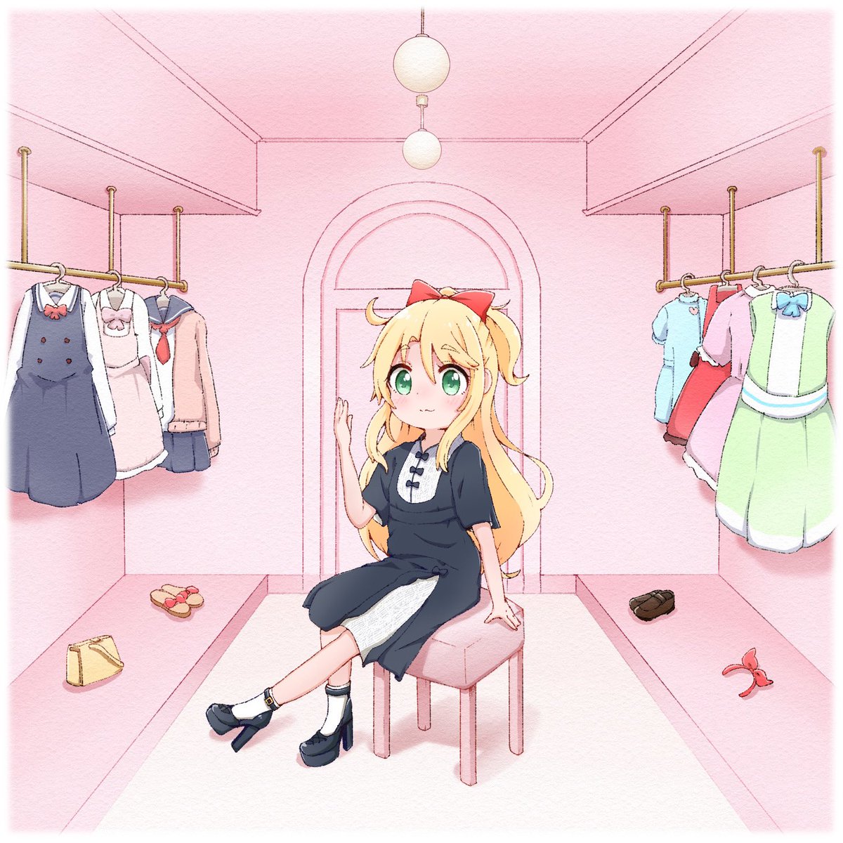 1girl blonde hair solo green eyes long hair clothes hanger bow  illustration images