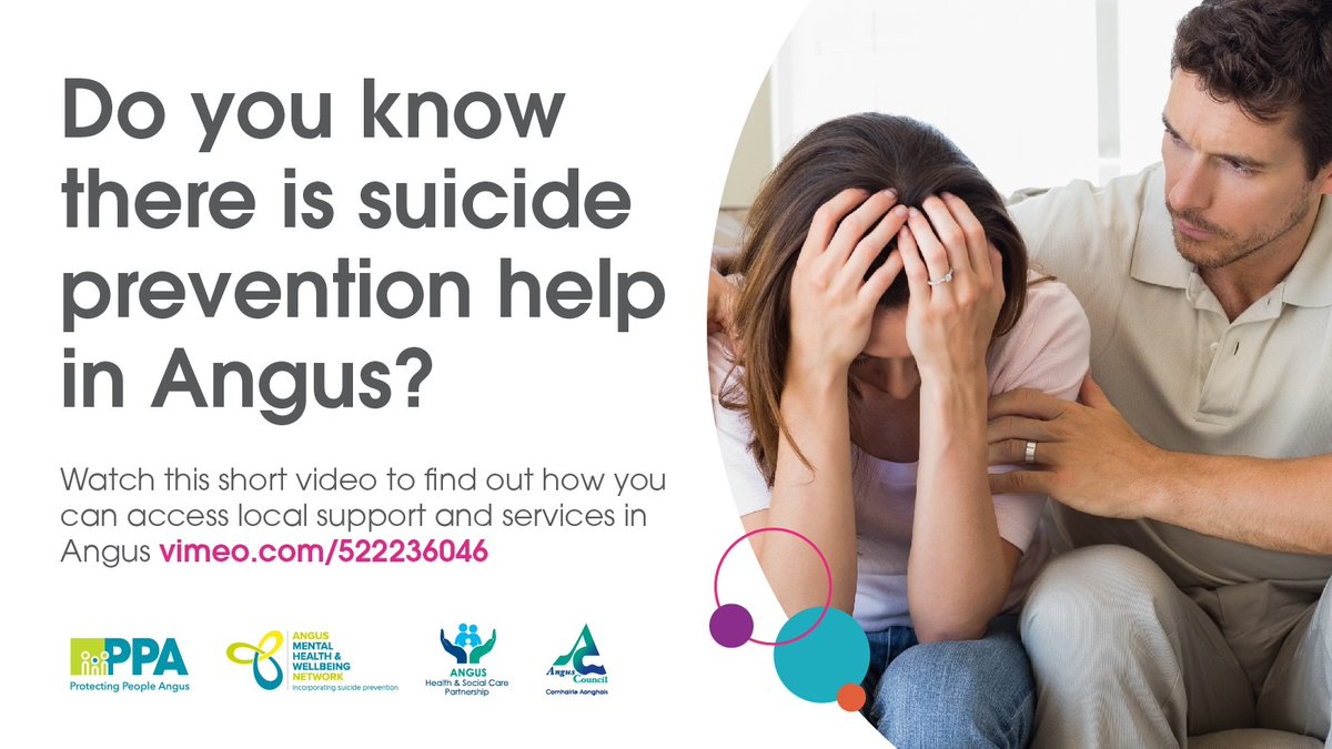 AngusCouncil's tweet photo. Did you know there is suicide prevention help available in Angus? Watch this short video to find out how you can become suicide aware https://t.co/YnmmGurukM
For help and services available visit https://t.co/EAvVxpb5o1
#ProtectingPeopleAngus #AngusCares https://t.co/K48v1HFUCg