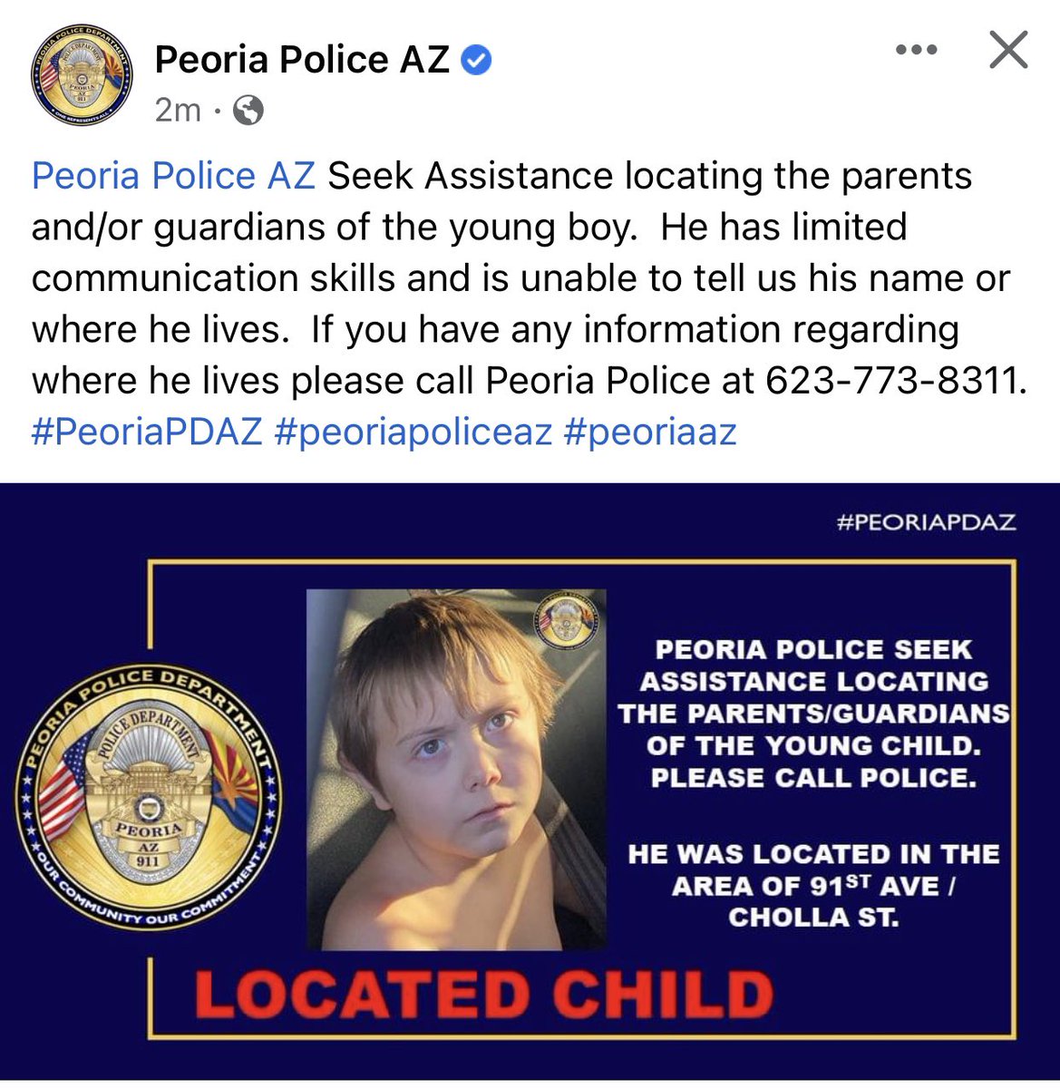 MissingNArizona's tweet photo. Looking for PARENTS and/or Guardians of this boy. 🚨 MISSING 🚨  #BOLO 👀 Peoria, AZ @MissingNAmerica #MissingInArizona https://t.co/ngFgwvpoxE