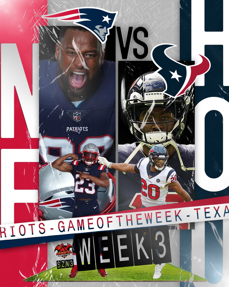CrossfireLG's tweet photo. GAME. OF. THE. WEEK! 🙌🏼
WEEK 3! 👀
Patriots v Texans. 🍿 #RoadToV
#FranchiseNation #Madden22 x @EAMaddenNFL @leaguecrawler @CFMNetwork @neonsportz https://t.co/IDnoGTxIp7