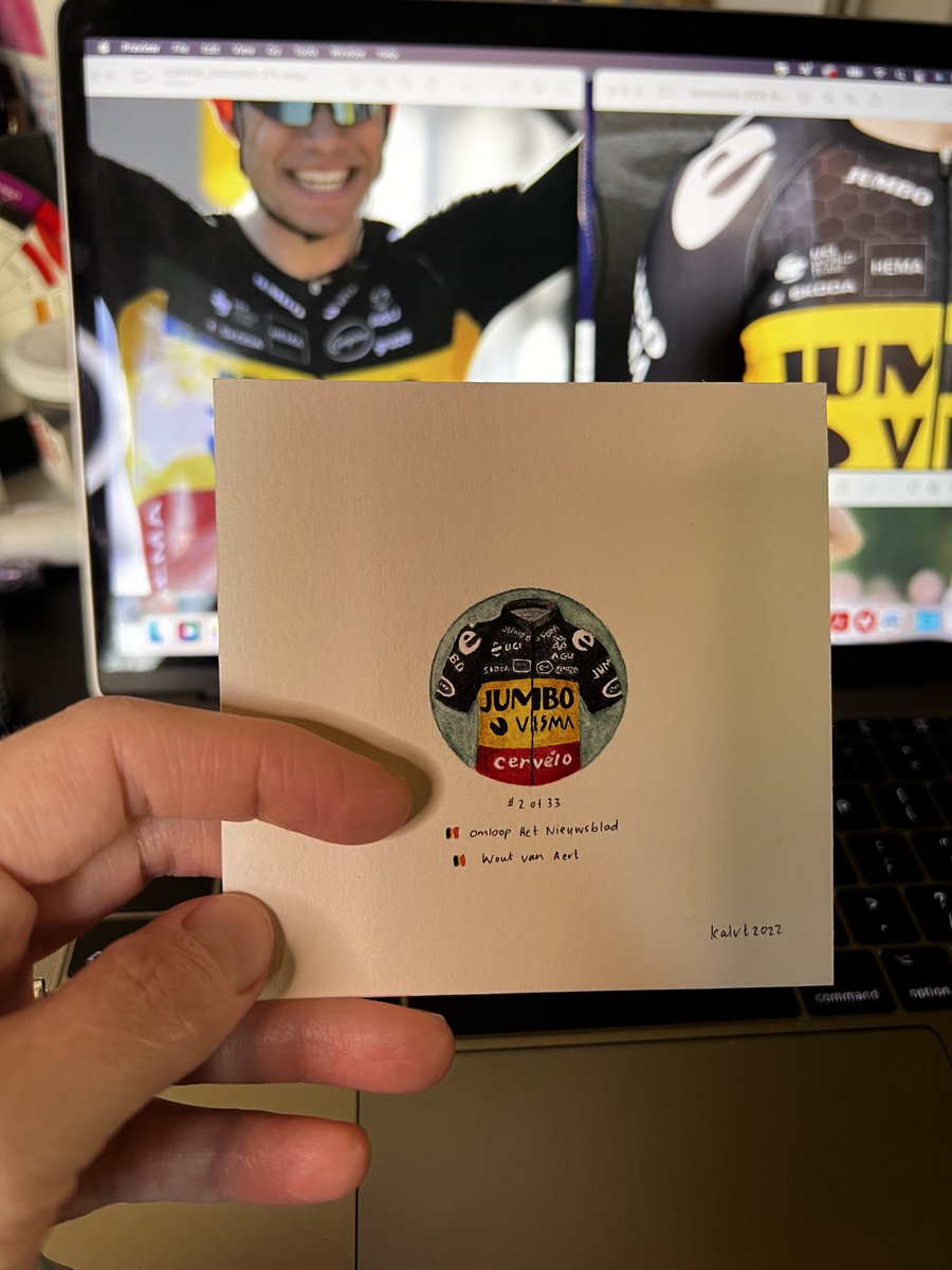 Race #2of33 @omloophetnieuwsblad official in Belgium. 

One day race- 26 February; 204.2 km in the saddle; <a href="/woutvanaert/">Wout van Aert</a> held the lead by 22 seconds! 

#project2022 - paint the 33 race jerseys of the 2022 cycling season as MINIATURES
kalvt.com/product/race-2…
