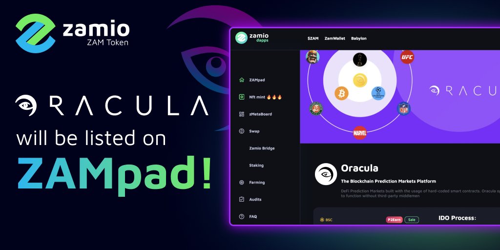 zam_io's tweet photo. 🔥Zamio is pleased to introduce @oracula_io, the project that will be listed on #ZAMpad!
🚀#Oracula — #DeFi Prediction Markets built with the usage of hard-coded smart contracts. The project already has working MVP

Find ZAMpad Details here - https://t.co/I57mATniNo

#Zamio https://t.co/sPXQCgKQzs