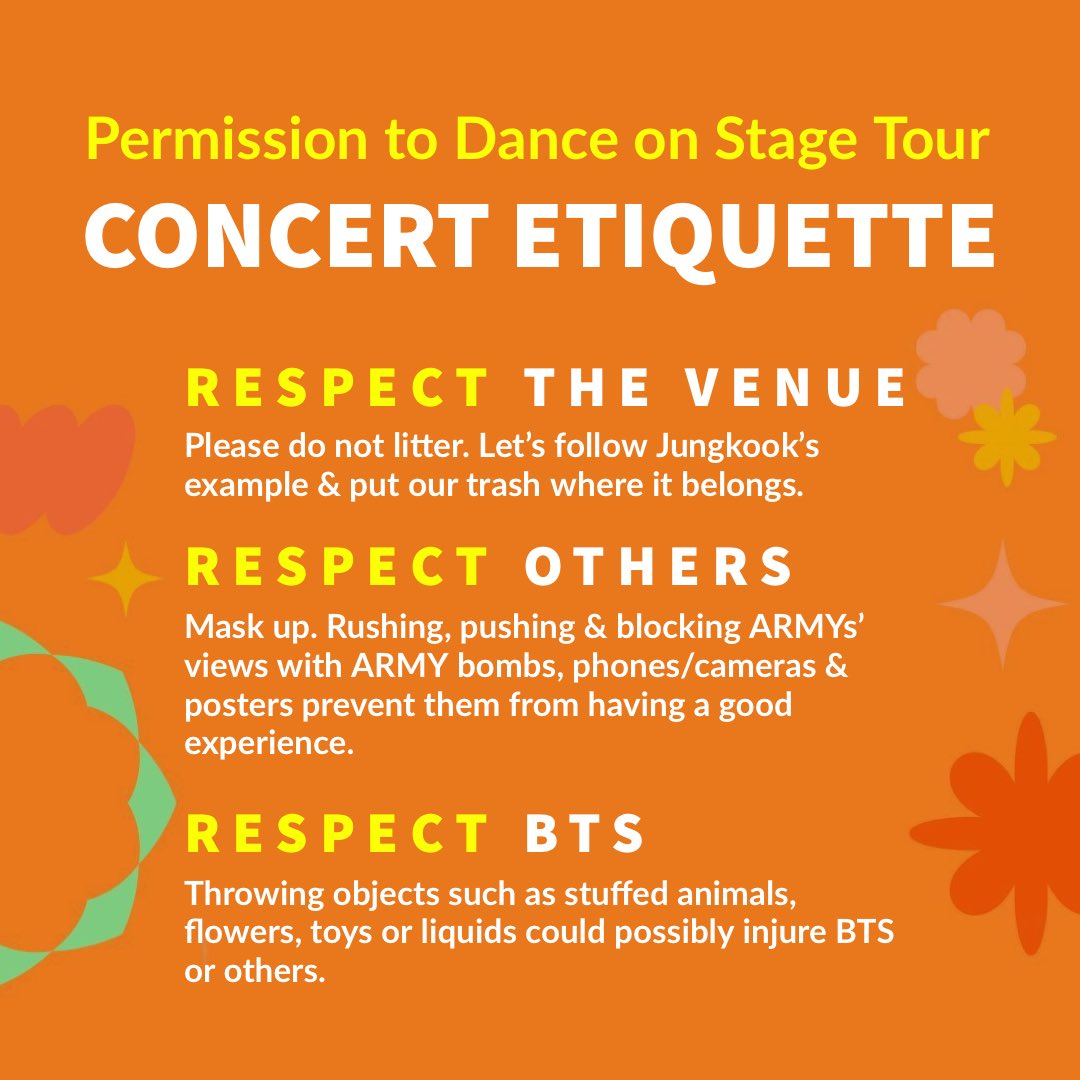 SaraBangtan07's tweet photo. In light of what happened in LV, here is an updated concert etiquette poster. 

Pls share this widely on social media &amp; at the venue. 

Let’s remind concert-goers that ARMYs keep BTS &amp; ARMY safe 💜 

#protectBTSnARMY https://t.co/jJWunE20IQ