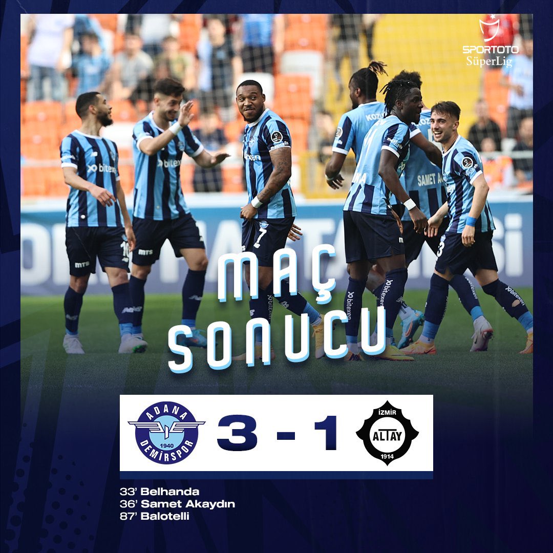 AdsKiremithanee's tweet photo. Maç Sonucu
Adana Demirspor 3⃣ - 1⃣ Altay
⚽️33' @ynsbelhanda
⚽️36' @sametakaydin
⚽️87' @FinallyMario
⚡️ #SaldırMaviŞimşekler #ADSvALT https://t.co/NecYcciPo5