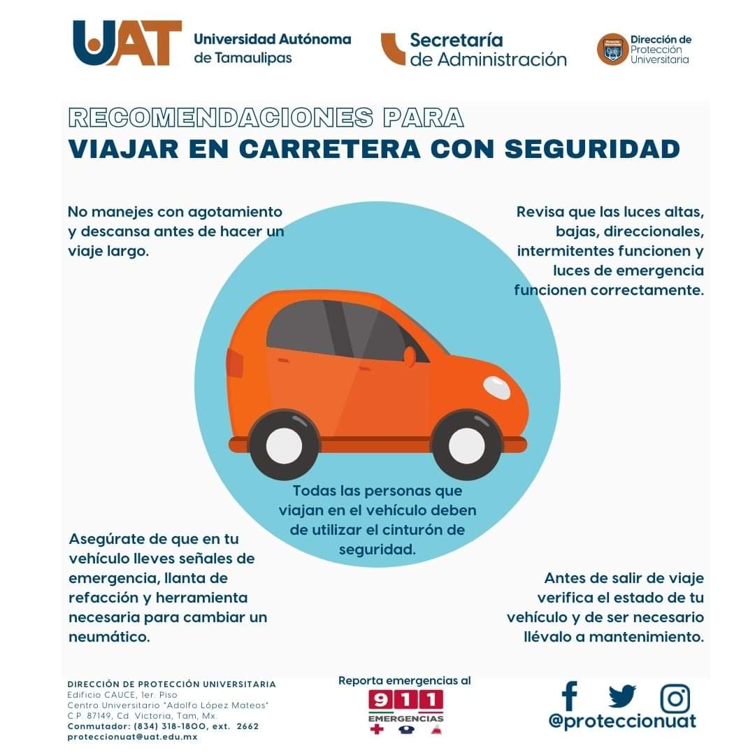 ProteccionUAT's tweet photo. 🚗Recomendaciones para viajar en carretera con seguridad.
#UAT #HOYTODOSSOMOSUAT #UATmx #CdVictoria #Tamaulipas #prevención #DPU #seguridadvial
#COEPRA #CONAPRA https://t.co/MdrEHyexZS