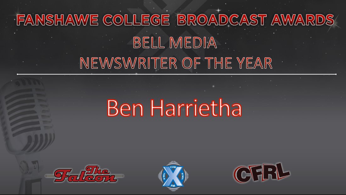 Congratulations Ben Harrietha, recipient of the Bell Media News Writer of the Year Award. <a href="/FanshaweCollege/">fanshawecollege</a> <a href="/RadioFC78/">Radio Broadcasting</a> <a href="/JournalismFC78/">Broadcast Journalism</a> #FCRadioAwards <a href="/Bell/">Bell</a> <a href="/Bell_News/">Bell Newsroom</a> <a href="/BellMediaPR/">Bell Media PR</a> <a href="/VirginRadioLON/">VirginRadioLondonCA</a> @BX93 @CJBK <a href="/1069TheX/">106.9 The X - Fanshawe College</a> <a href="/XFMNews/">XFM News - 106.9 The X</a> <a href="/bpharrietha/">rosalyn!</a>