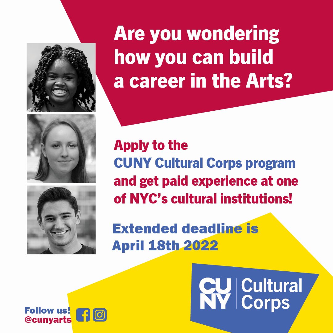 Get paid work experience in the arts with CUNY Cultural Corps! Student interns are paired with prominent city arts organizations 🎨 to build foundational career skills. 

➡️The deadline to apply is April 18: ow.ly/YJ0g50IEqNG