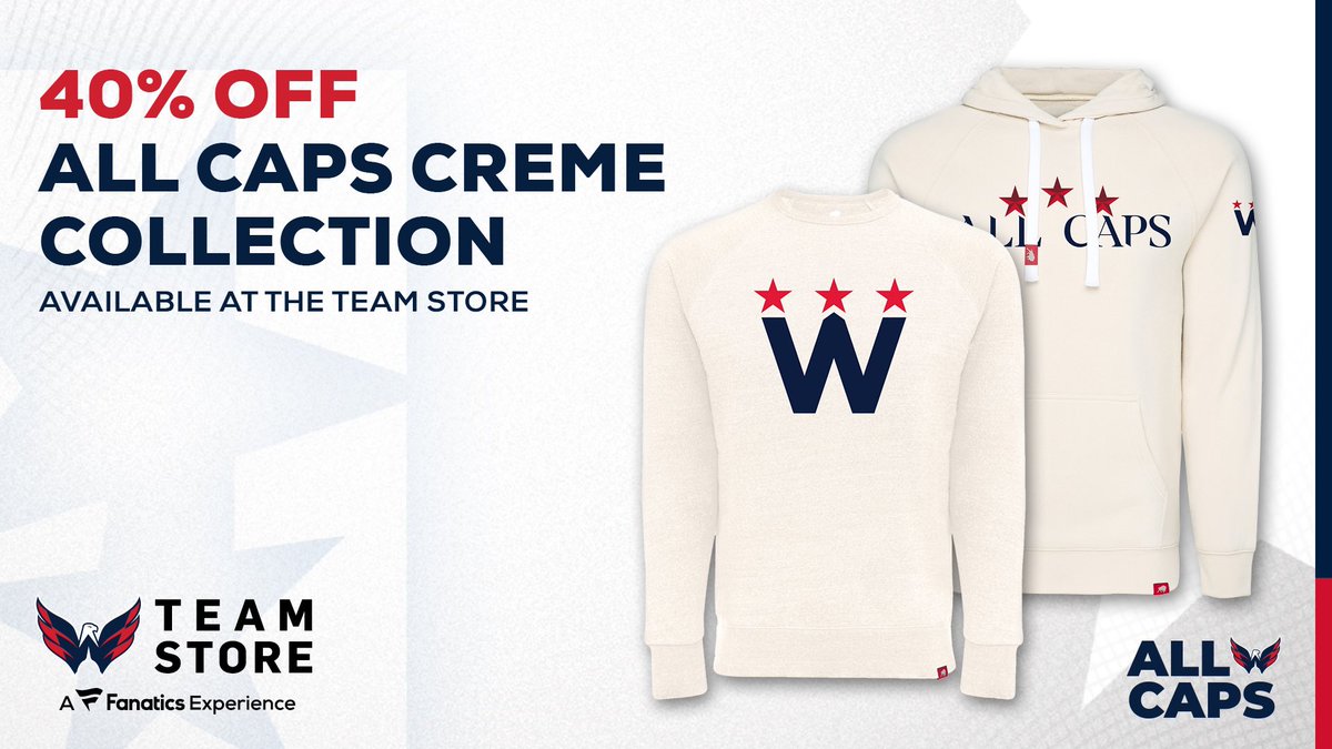 Let’s go @Capitals! Stop by the team store for 40% OFF the Creme Collection from @SPORTIQE! Today only. #ALLCAPS