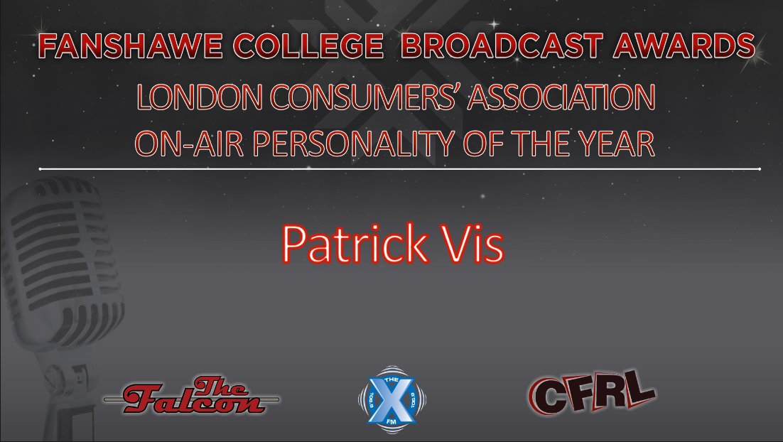 Congratulations Patrick Vis, recipient of the London Consumers Assoc. of Canada On-Air Personality of the Year. <a href="/FanshaweCollege/">fanshawecollege</a> <a href="/RadioFC78/">Radio Broadcasting</a> <a href="/JournalismFC78/">Broadcast Journalism</a> #FCRadioAwards <a href="/1069TheX/">106.9 The X - Fanshawe College</a> <a href="/XFMNews/">XFM News - 106.9 The X</a> <a href="/baconbombs/">Baconbombs</a> @pcvis