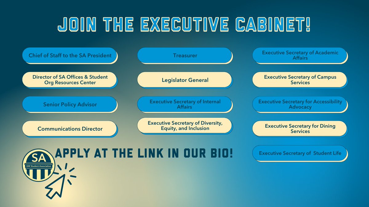 Join the 2022-2023 SA Executive Cabinet! Link in bio to read the  position descriptions and apply.  Deadline: April 20, 2022 at 11:59 PM